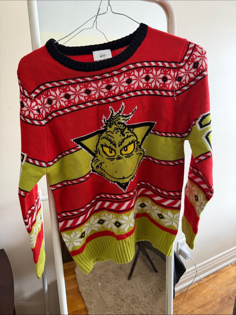 Festive Grinch Crewneck Sweater in Red and Lime - Holiday Knit Pullover
